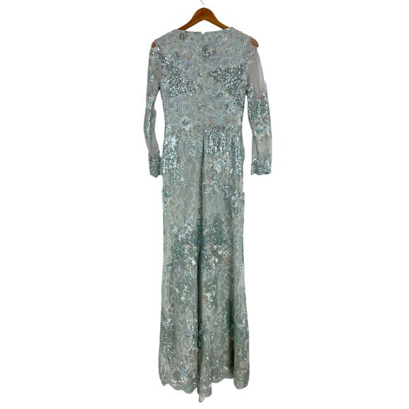 Mac Duggal NWT Embellished V-Neck Illusion Long Sleeve Gown Seamist Size 6 Blue - Picture 5 of 12